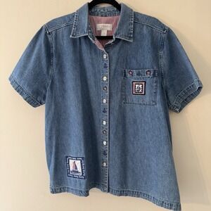Christopher & Banks Denim Shirt Womens Plus 1X Blue Nautical Embroidered 90s